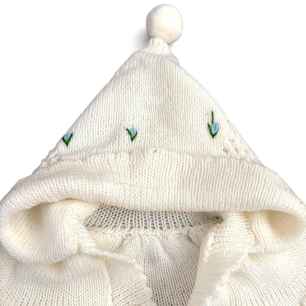 Vintage Hand Knit Baby Hooded Cardigan Cream Pointelle Floral Embroidery Pixie - Picture 3 of 4